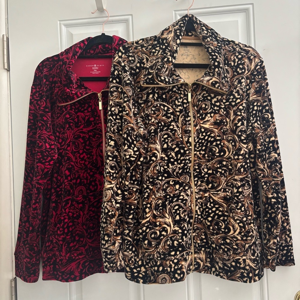 ❤️2/$15or3/$21❤️Karen Scott Bundle Black/Red/Beige Velour Jackets, Size PXL